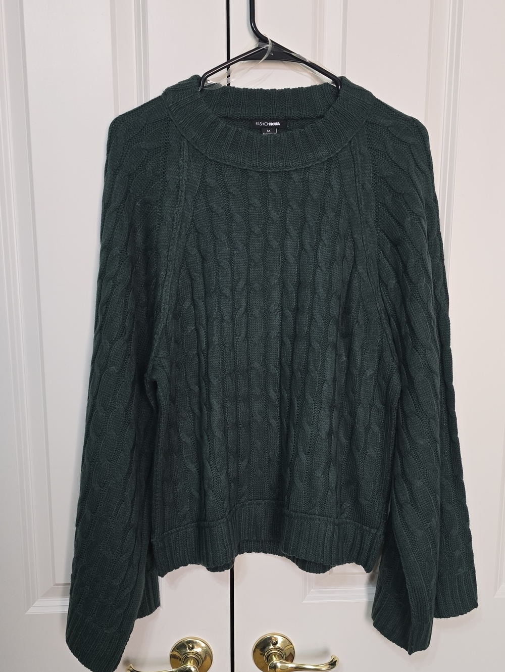 Fashion Nova Forest Green Cable Knit Crewneck Sweater Oversized Wide Sleeves